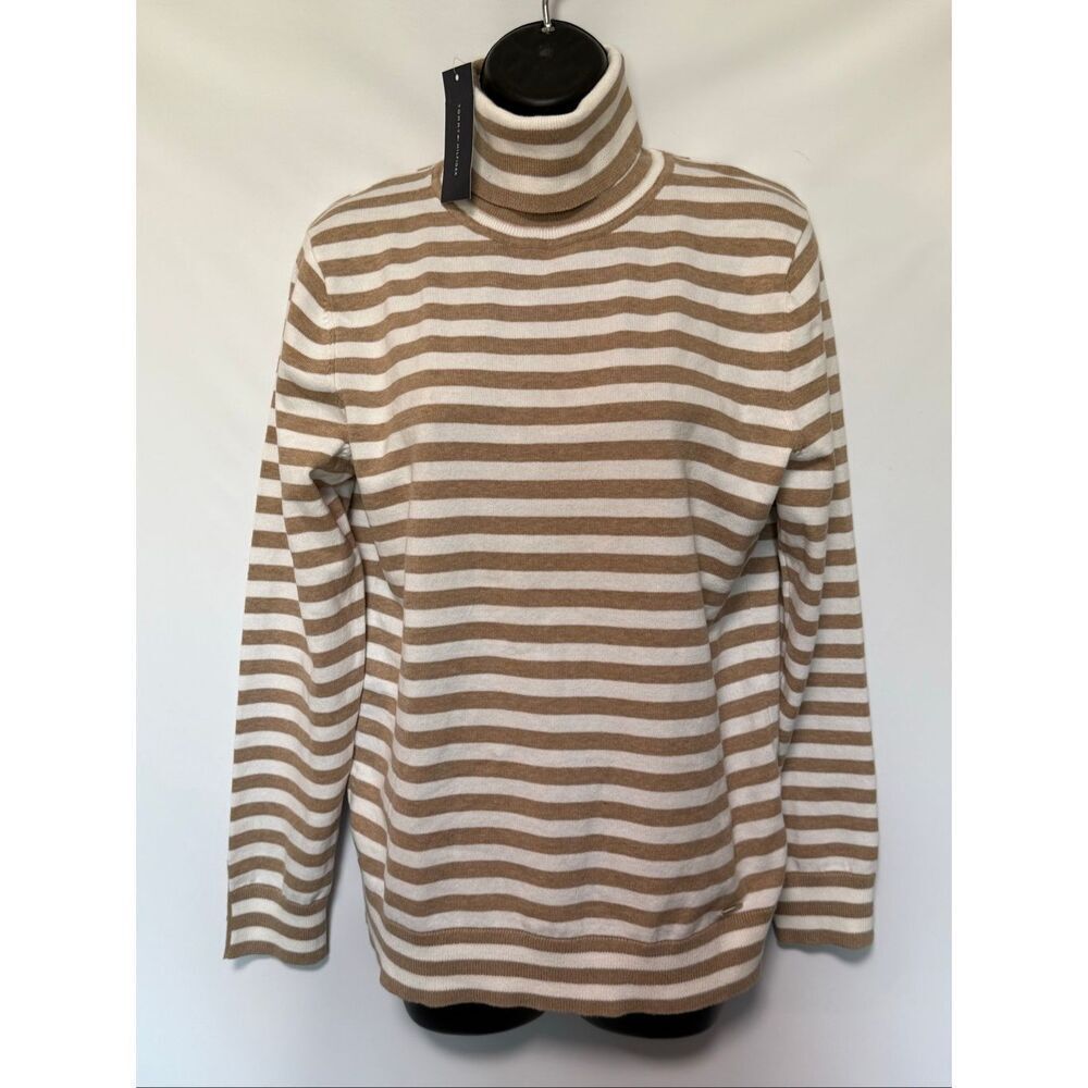 Tommy Hilfiger women’s turtleneck tan white striped long sleeve knit top size me